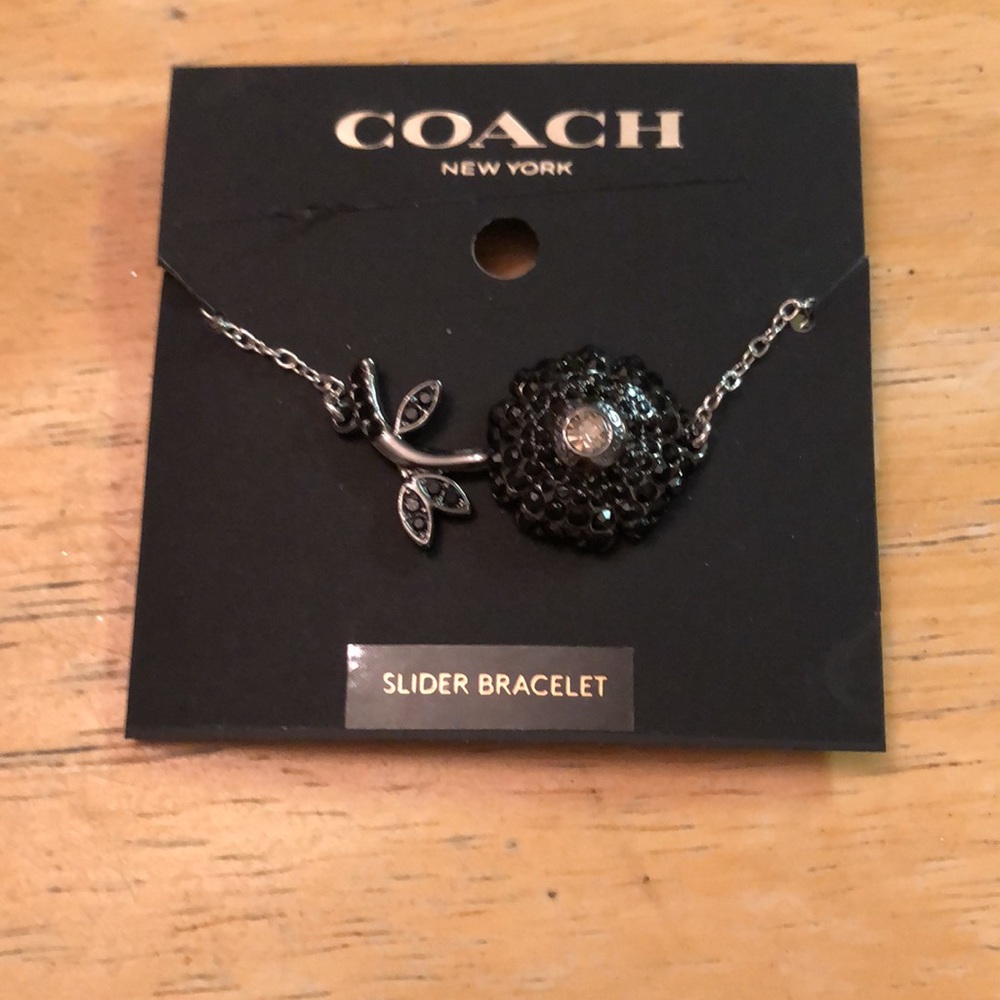 Coach Silver Tone Sparkling Black Daisy Slider Bracelet Crystal Accents NWT - Picture 11 of 11